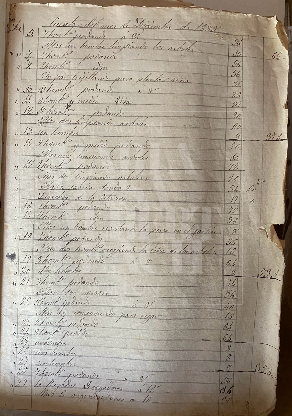 Página del cuaderno de cuentas de la finca: jornales y gastos, 1885