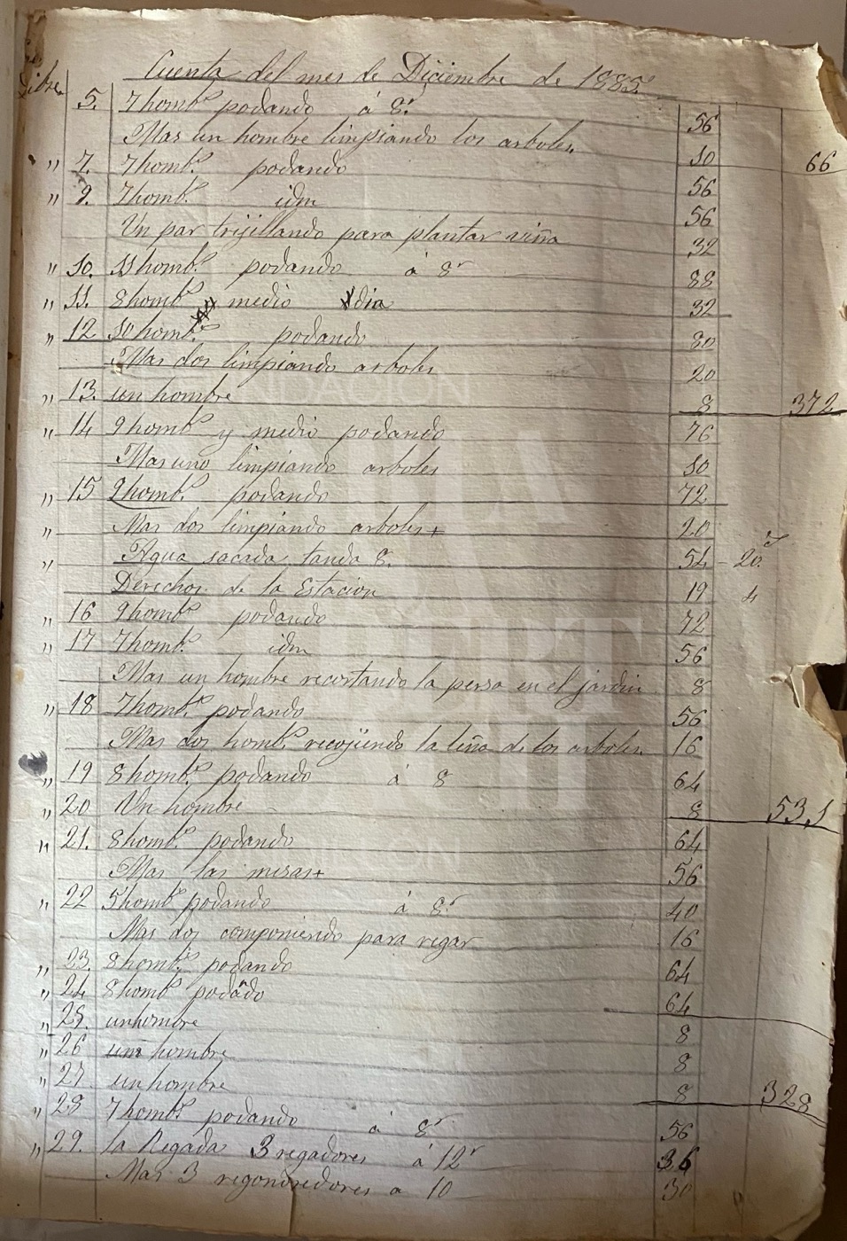 Página del cuaderno de cuentas de la finca