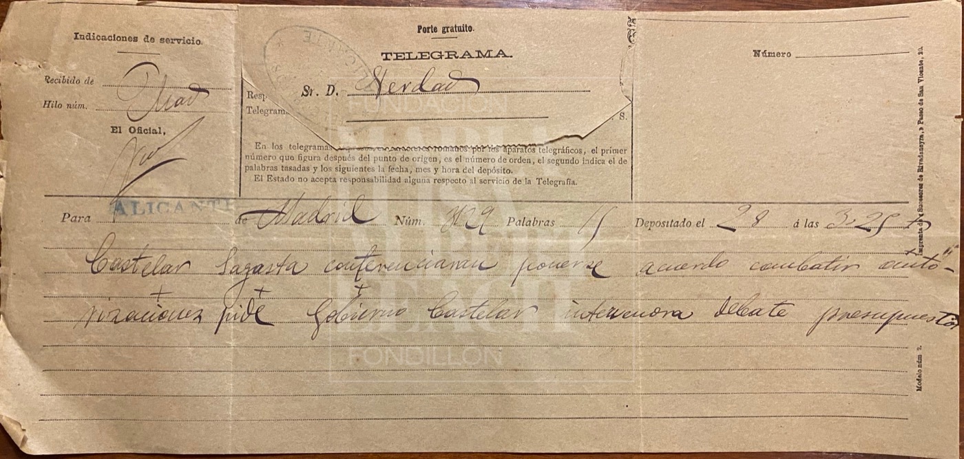 Telegrama remitido desde Madrid al director de La Verdad, principios del siglo XX