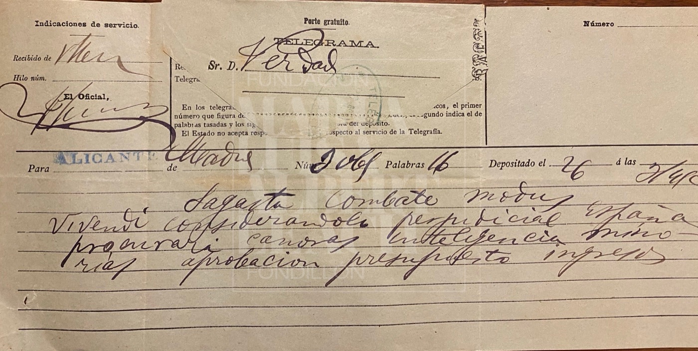Telegrama remitido desde Madrid al director de La Verdad, principios del siglo XX