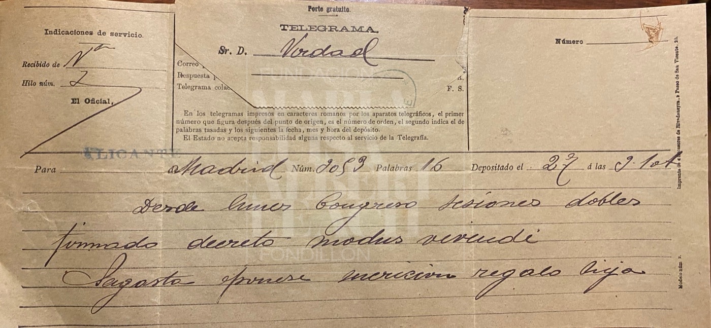 Telegrama remitido desde Madrid al director de La Verdad, principios del siglo XX