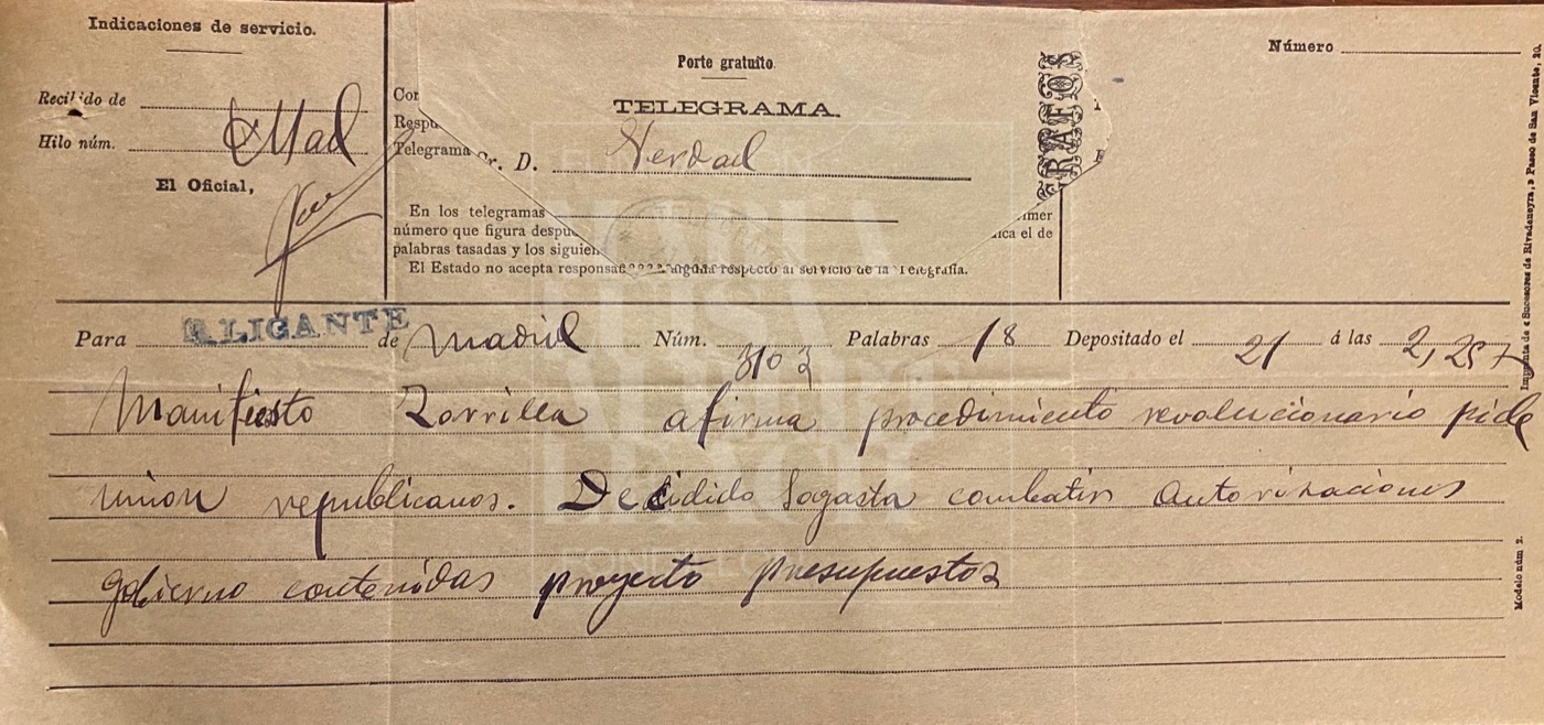 Telegrama remitido desde Madrid al director de La Verdad, principios del siglo XX
