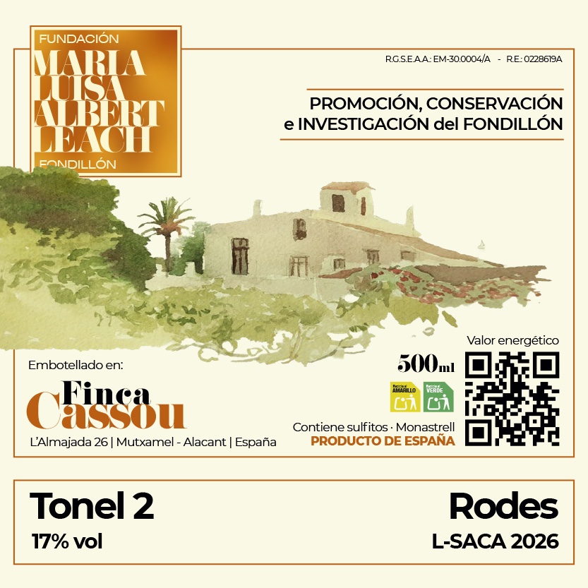 Contraetiqueta del Tonel 2 · Rodes, con la acuarela de la casa, el QR y los datos obligatorios