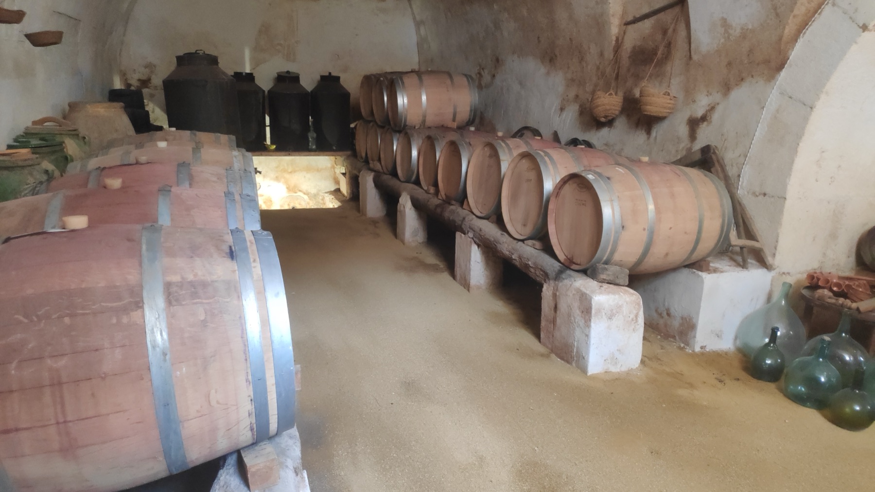 Hilera de toneles bajo la bóveda de la bodega